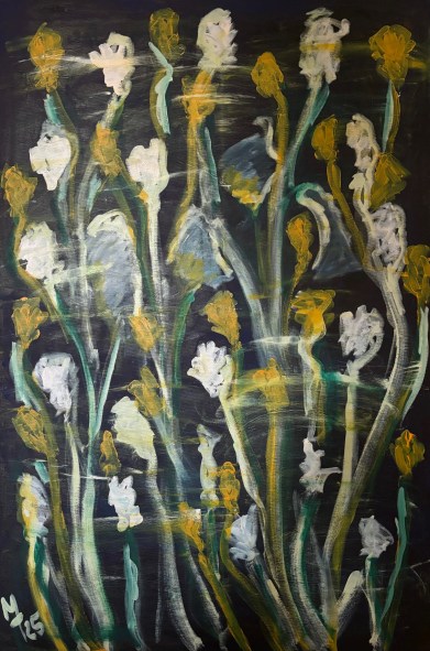 Mara Thelling: Aszension (Aufstieg) der Farben (Blooming No. 4), 120x80 cm, 2025, Konzipiert im Zustand der Luzidität, erste Skizze nocturn